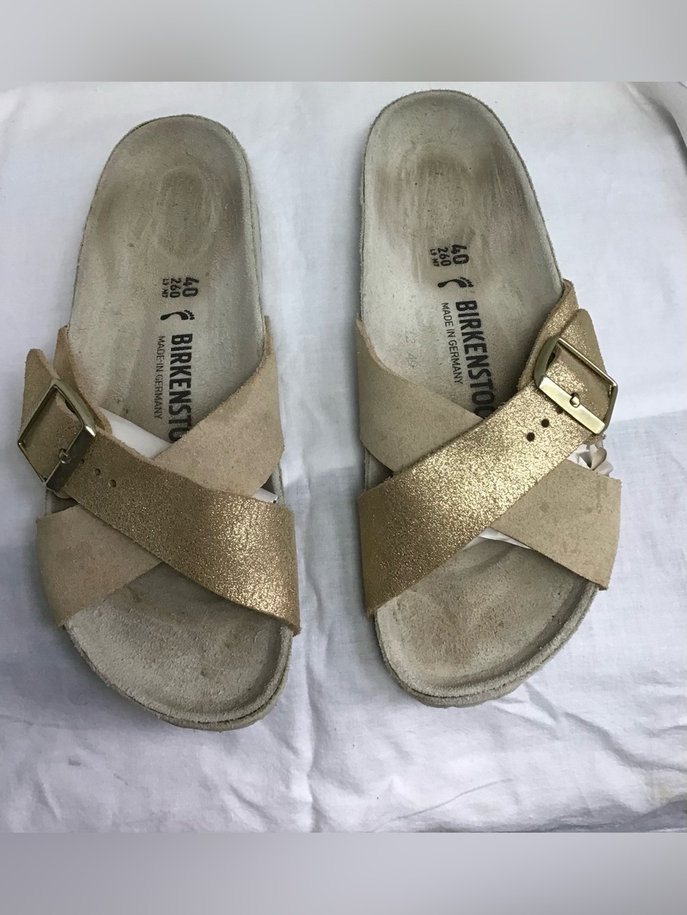 Birkenstock Metallic Gold Cross-Strap Sandals Tan Gold Sz 40/US 9-9.5 Wm